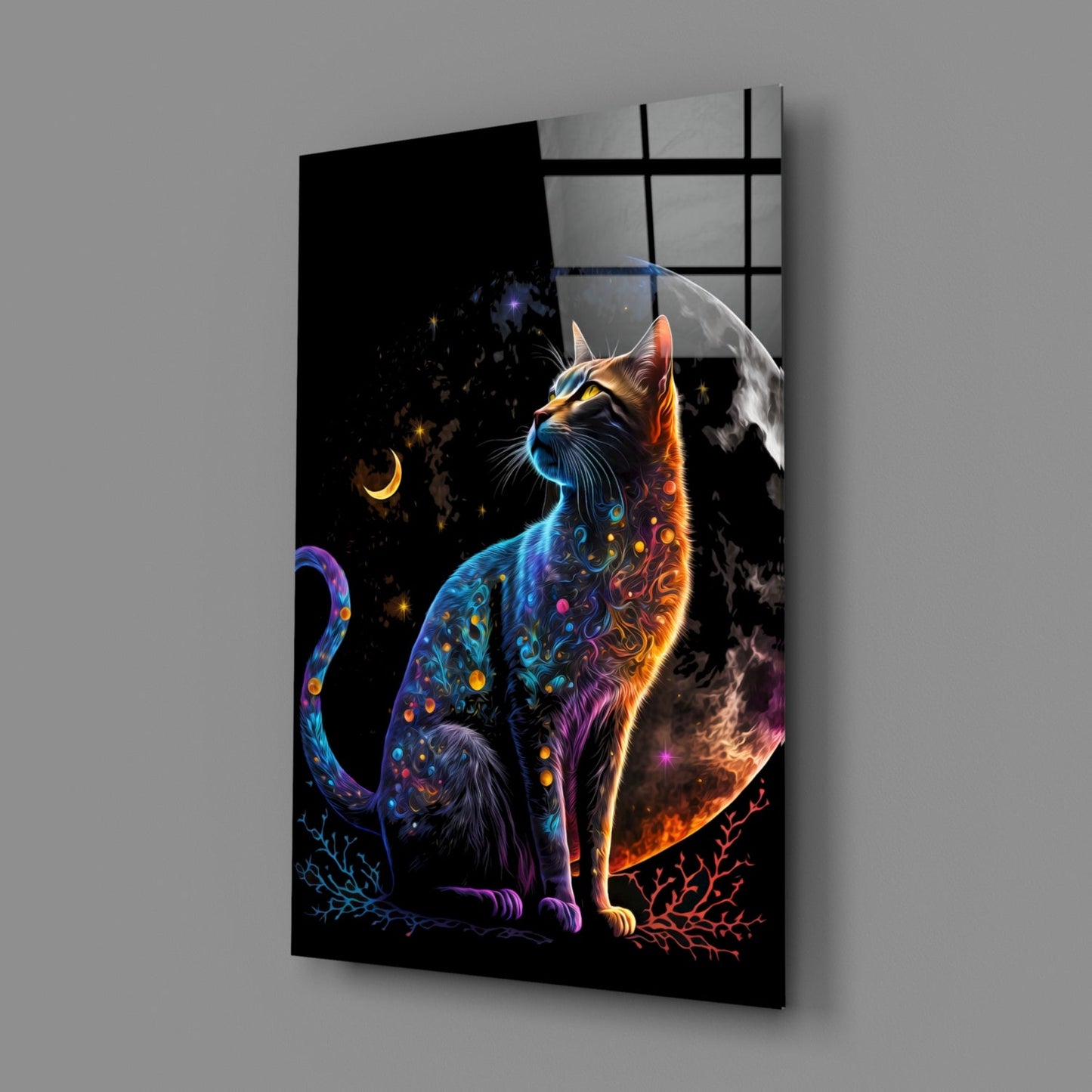 Moon Cat Glass Wall Art  || Designer Collection