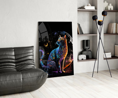 Moon Cat Glass Wall Art  || Designer Collection